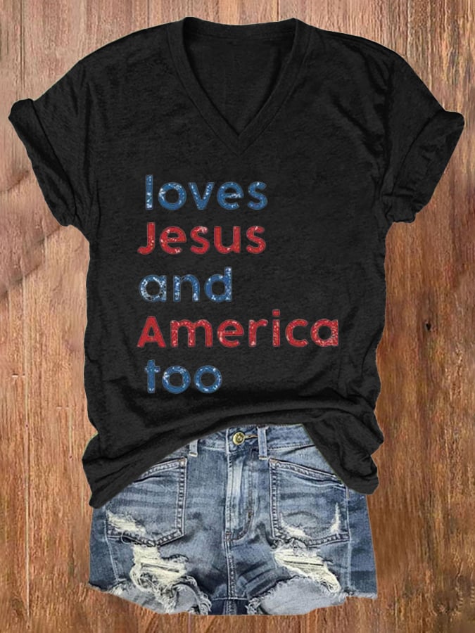 Loves Jesus And America Too V-neck T-Shirt