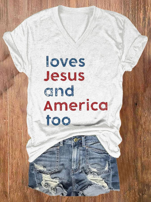 Loves Jesus And America Too V-neck T-Shirt
